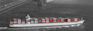 Container ship with red containers passing a suspension bridge.