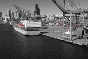 Container ship docked beside port cranes and a city skyline.